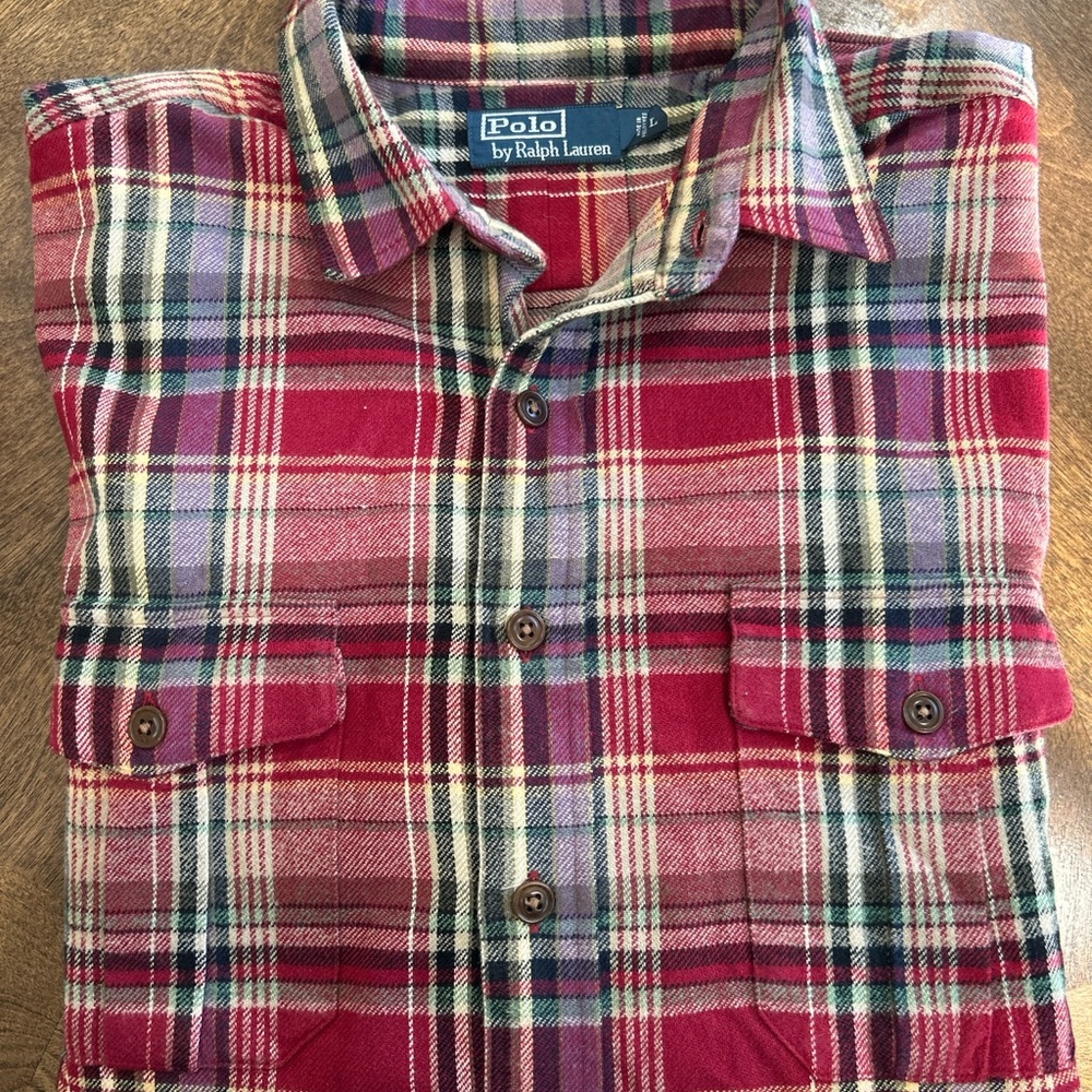 Ralph Lauren Polo Country Mens Flannel Button Shirt Red Plaid Patch Large
